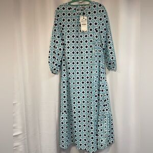 Zara Blue and White Patterned Long Sleeve Dress